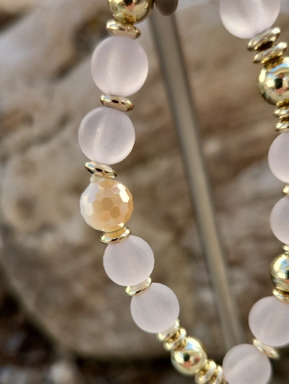Deatiled Beaded Bracelet Set Gold Toned Metal Owl Heart Dangles Opaque White - Picture 6 of 12